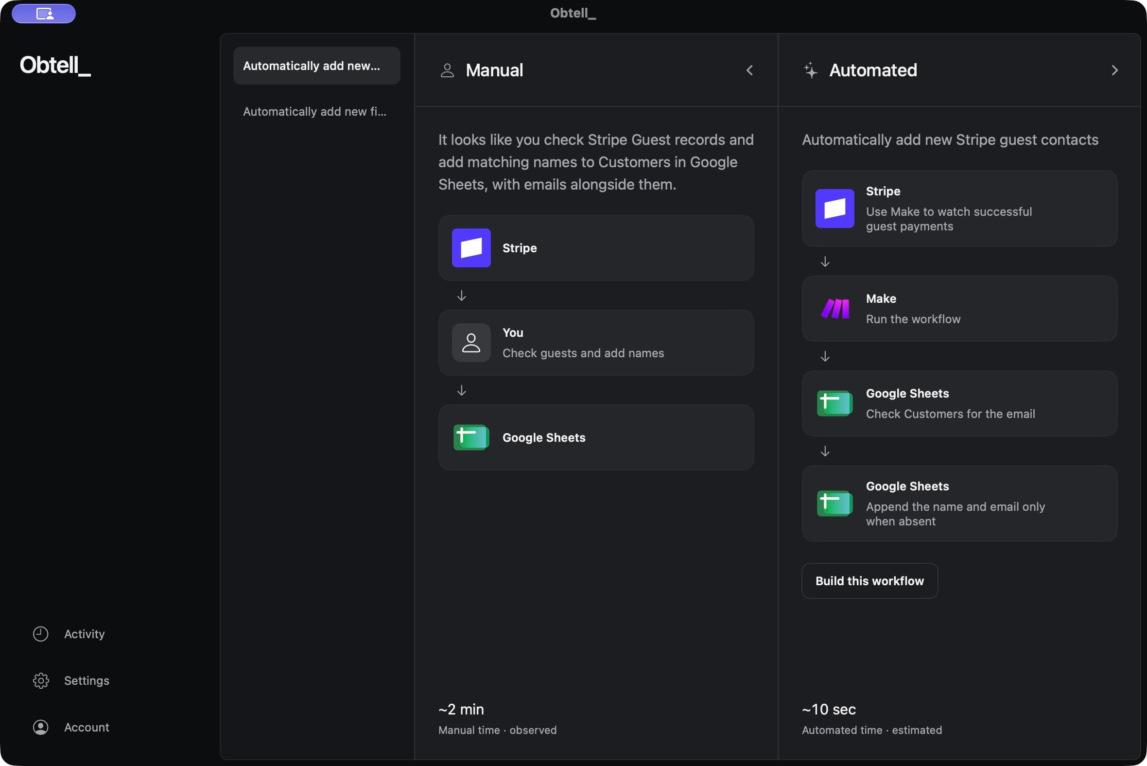 Obtell's Manual panel shows Stripe → You → Google Sheets.